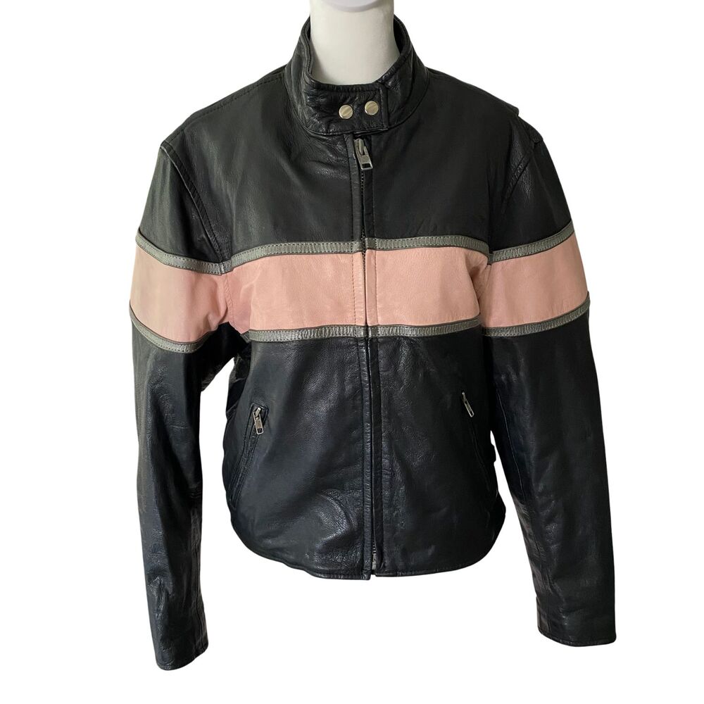 Unik Womens Black Leather Moto Jacket with wide pink stipe, size L